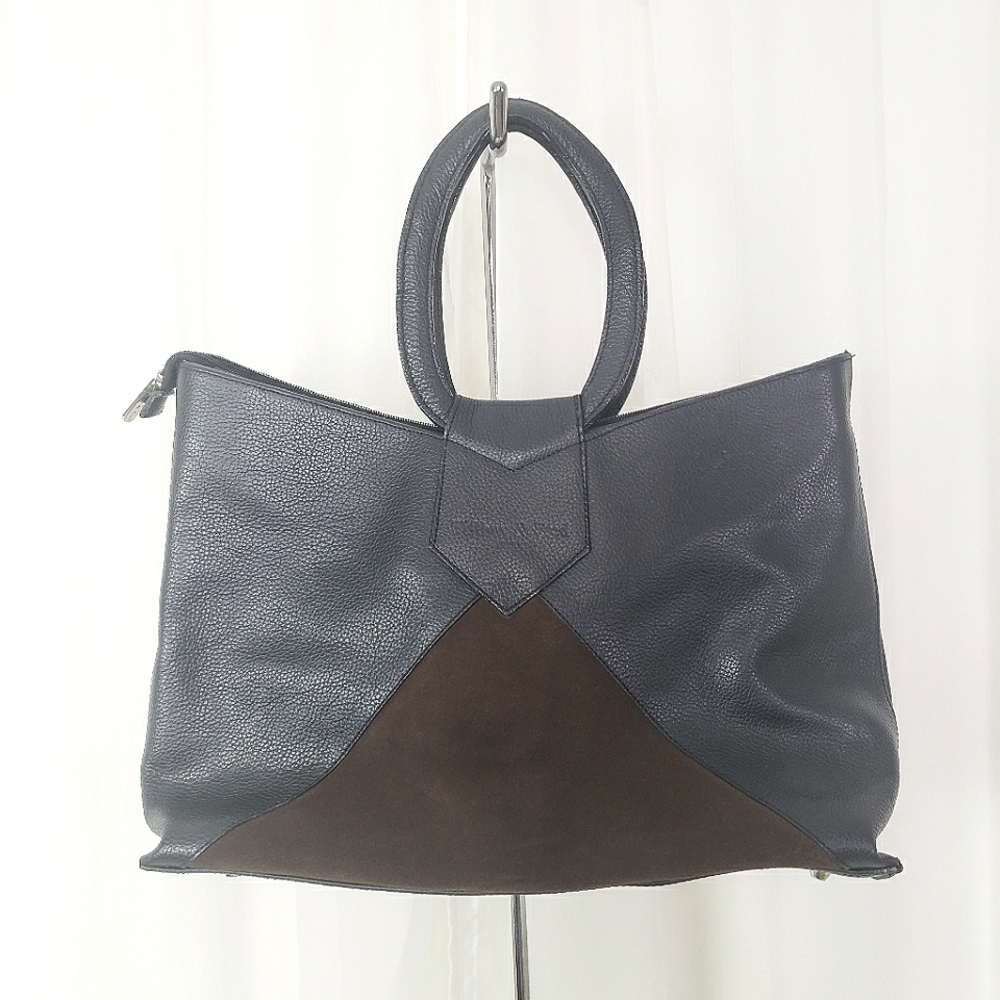 Tiffany & Fred Paris black pebbled leather brown suede handbag